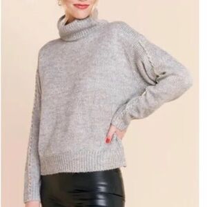 Dee Elly Grey Woven Turtleneck Sweater with Gold Metallic Detail Size XS